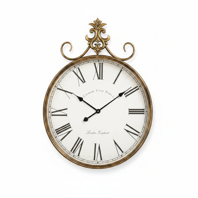 Gold Wall Clock 31"X23.5", Large Vintage Clock Antique Wall Decor | HD Mirror Surface, Distressed Iron Finish, Sculpted Crown Detail, One-Piece Construction, Living Room Wall Accent