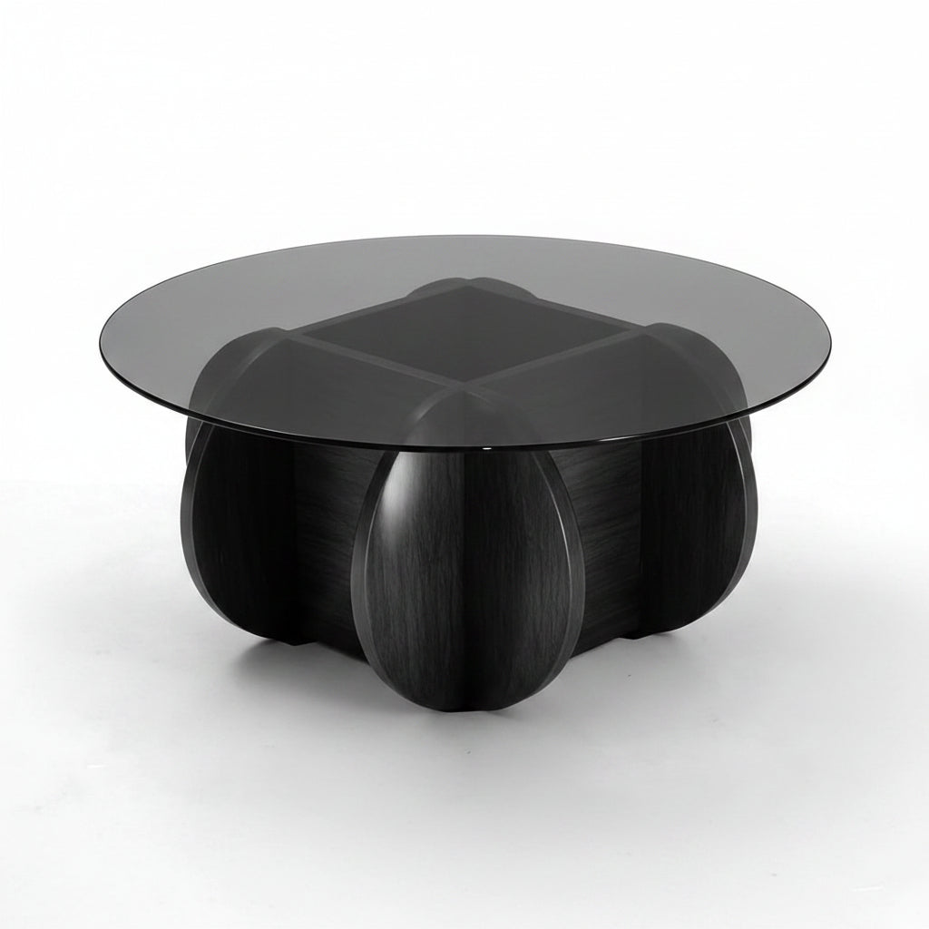 Black Coffee Table, 31.5" round Glass Coffee Table for Living Room Mid Century Modern Coffee Table Unique Circle Center Table with Wood Base