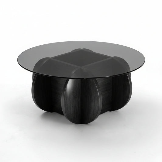 Black Coffee Table, 31.5" round Glass Coffee Table for Living Room Mid Century Modern Coffee Table Unique Circle Center Table with Wood Base