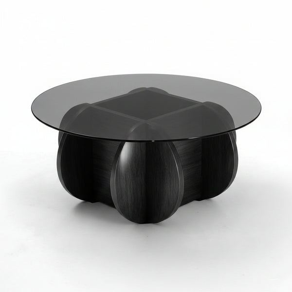 Black Coffee Table, 31.5" round Glass Coffee Table for Living Room Mid Century Modern Coffee Table Unique Circle Center Table with Wood Base