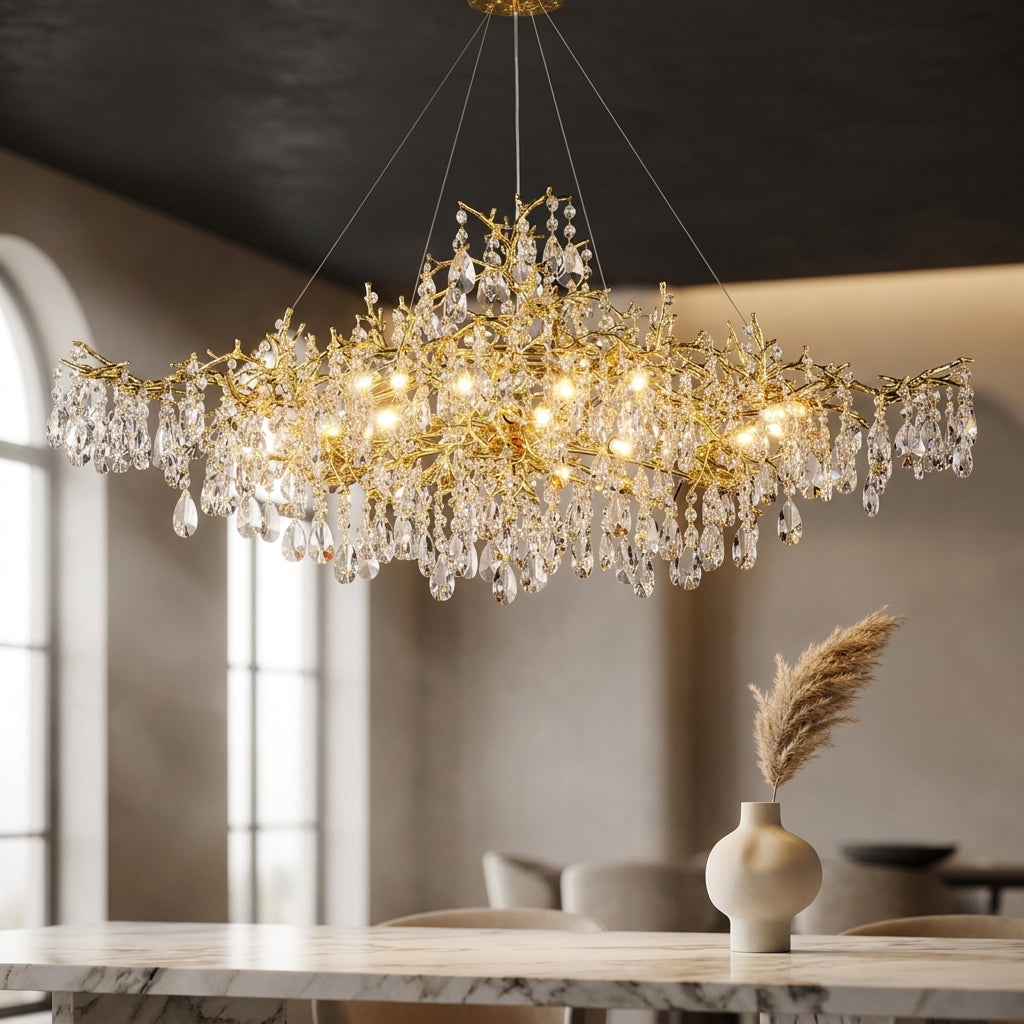 14-Lights Gold Luxury Crystal Linear Chandelier, Modern Tree Branch Chandelier for Dinning Room, Kitchen, Living Room — Studio Shot