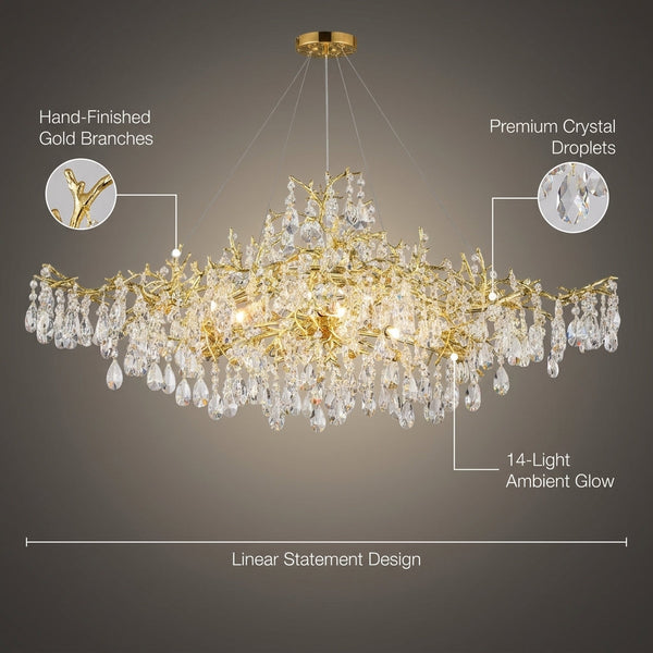 14-Lights Gold Luxury Crystal Linear Chandelier, Modern Tree Branch Chandelier for Dinning Room, Kitchen, Living Room — infographic