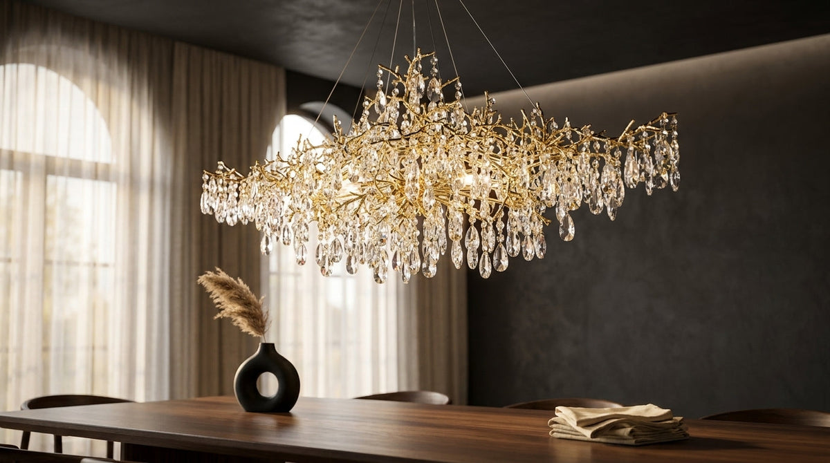 14-Lights Gold Luxury Crystal Linear Chandelier, Modern Tree Branch Chandelier for Dinning Room, Kitchen, Living Room — Lifestyle