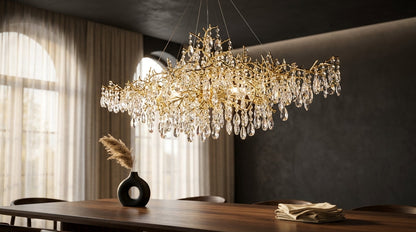 14-Lights Gold Luxury Crystal Linear Chandelier, Modern Tree Branch Chandelier for Dinning Room, Kitchen, Living Room — Lifestyle