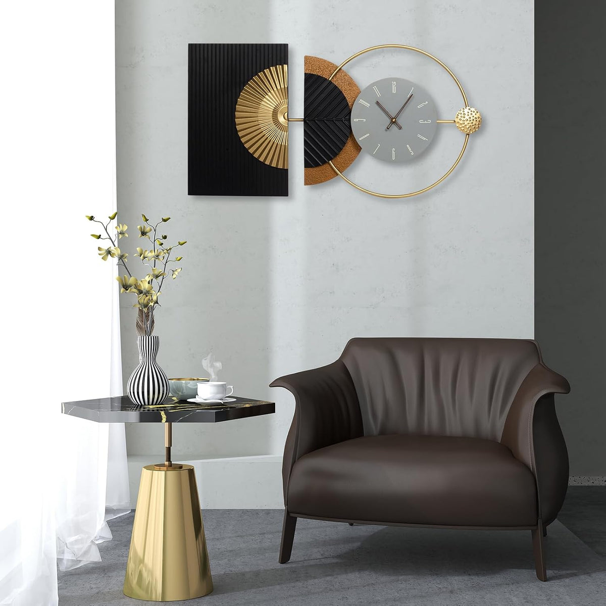 32"X16" Large Modern Silent Non-Ticking Wall Clocks for Living Room | Mid-Century Modern Abstract Asymmetrical Design,Metal Frame,Gray Dial,Gold Finish,Kitchen,Bedroom,Office Use,Battery Operated