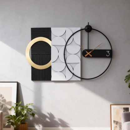 Modern Luxury Wall Clock, Gold Metal Ring Geometric Deconstruction Art, Black Grey Silent Non-Ticking for Living Room, Office, Entryway Decor, 17.7"X29.72"