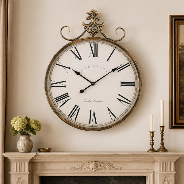 Gold Wall Clock 31"X23.5", Large Vintage Clock Antique Wall Decor | HD Mirror Surface, Distressed Iron Finish, Sculpted Crown Detail, One-Piece Construction, Living Room Wall Accent