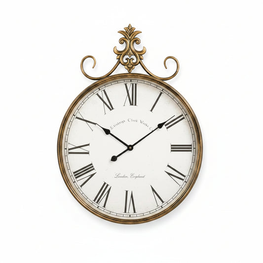 Gold Wall Clock 31"X23.5", Large Vintage Clock Antique Wall Decor | HD Mirror Surface, Distressed Iron Finish, Sculpted Crown Detail, One-Piece Construction, Living Room Wall Accent