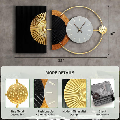 32"X16" Large Modern Silent Non-Ticking Wall Clocks for Living Room | Mid-Century Modern Abstract Asymmetrical Design,Metal Frame,Gray Dial,Gold Finish,Kitchen,Bedroom,Office Use,Battery Operated