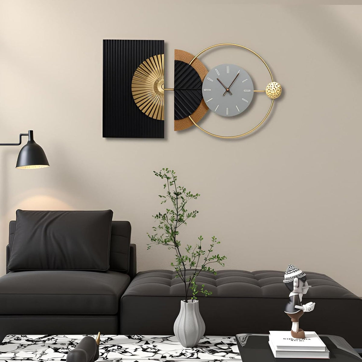 32"X16" Large Modern Silent Non-Ticking Wall Clocks for Living Room | Mid-Century Modern Abstract Asymmetrical Design,Metal Frame,Gray Dial,Gold Finish,Kitchen,Bedroom,Office Use,Battery Operated
