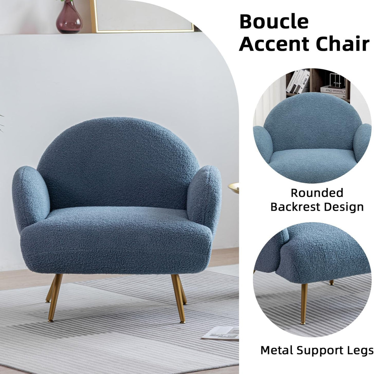 Blue Accent Sherpa Chair Comfy Modern Living Room Chair Teddy Fabric Mid Century Bedroom Chair with Golden Legs Arm Chair for Reading Bedroom Single