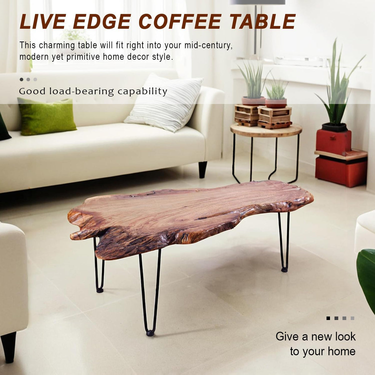 Natural Wood Coffee Table，Unique Live Edge Coffee Table for Living Room