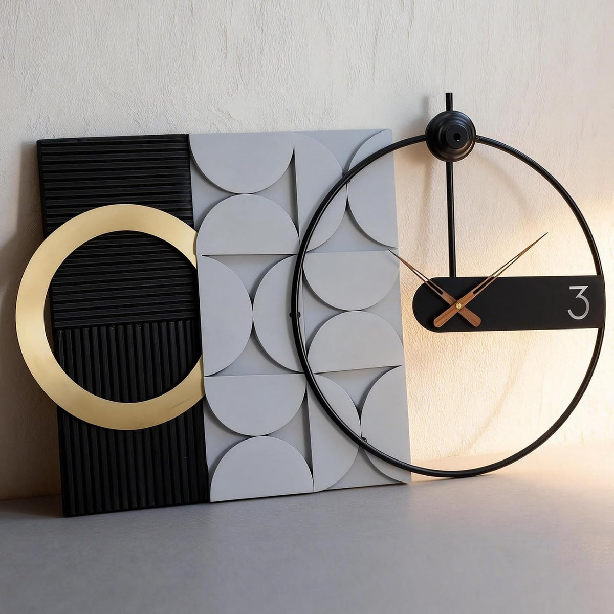 Modern Luxury Wall Clock, Gold Metal Ring Geometric Deconstruction Art, Black Grey Silent Non-Ticking for Living Room, Office, Entryway Decor, 17.7"X29.72"