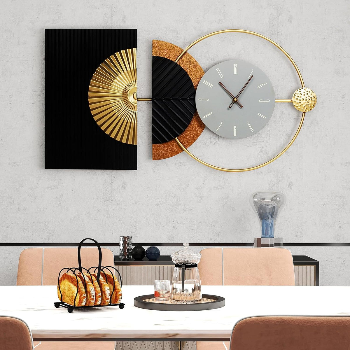 32"X16" Large Modern Silent Non-Ticking Wall Clocks for Living Room | Mid-Century Modern Abstract Asymmetrical Design,Metal Frame,Gray Dial,Gold Finish,Kitchen,Bedroom,Office Use,Battery Operated