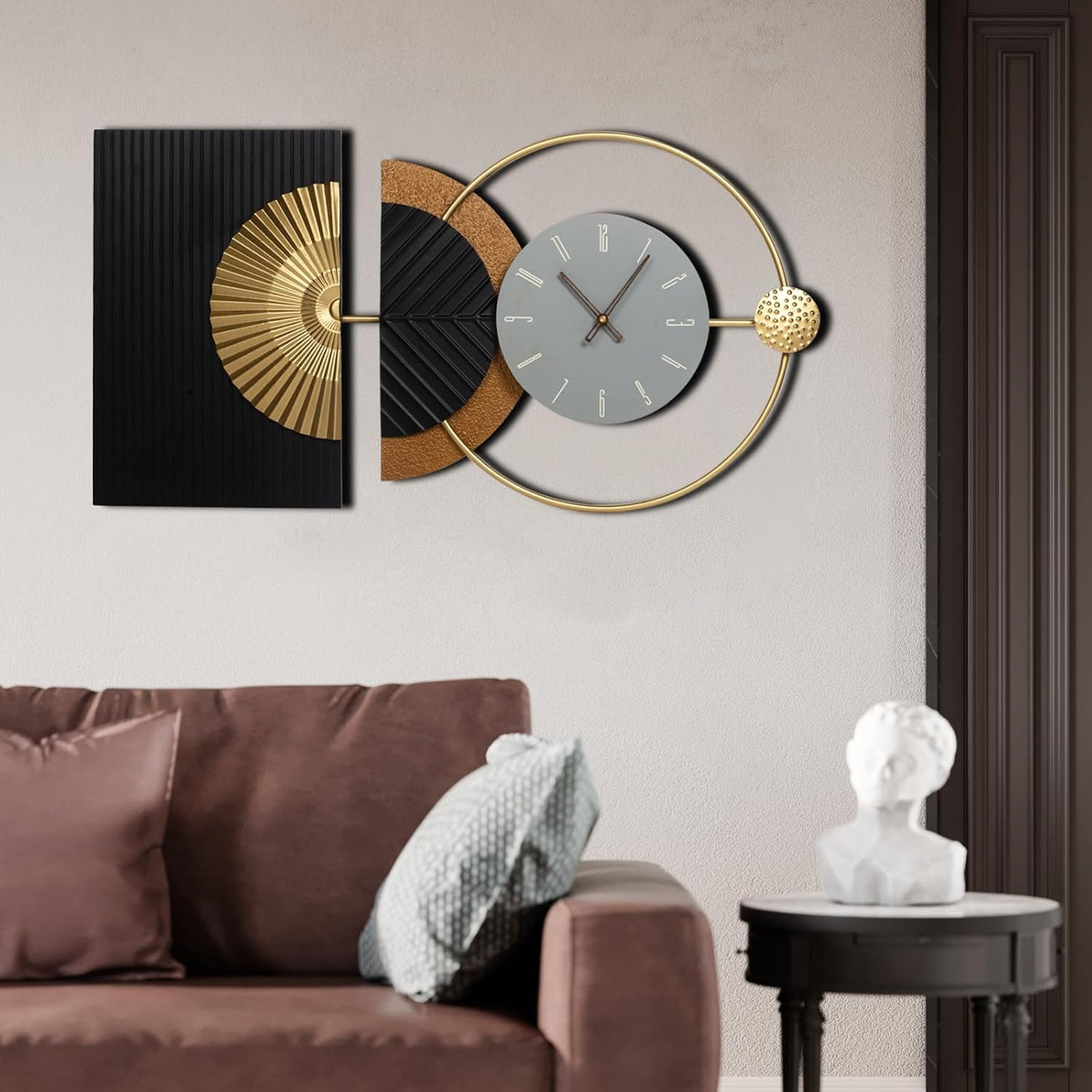 32"X16" Large Modern Silent Non-Ticking Wall Clocks for Living Room | Mid-Century Modern Abstract Asymmetrical Design,Metal Frame,Gray Dial,Gold Finish,Kitchen,Bedroom,Office Use,Battery Operated