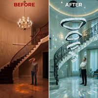 Large Modern Chandelier 5 Ring Chandeliers for High Ceiling Dimmable Black Chandelier High Ceiling Foyer Chandeliers for Living Room Dining Room Staircase — Before & After