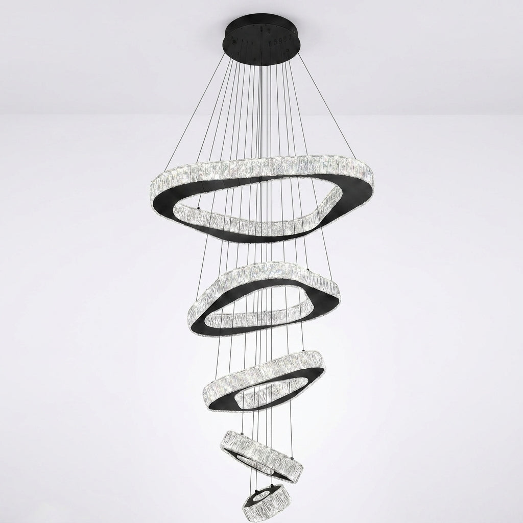 Large Modern Chandelier 5 Ring Chandeliers for High Ceiling Dimmable Black Chandelier High Ceiling Foyer Chandeliers for Living Room Dining Room Staircase — Studio Shot