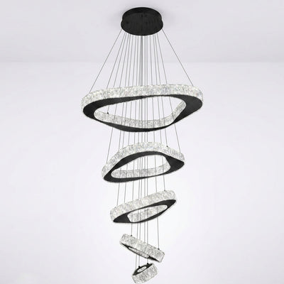 Modern Chandelier Built for High Ceilings, 5 Ring Design, Dimmable Black Finish, Stainless Steel Crystal