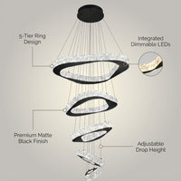 Large Modern Chandelier 5 Ring Chandeliers for High Ceiling Dimmable Black Chandelier High Ceiling Foyer Chandeliers for Living Room Dining Room Staircase — infographic