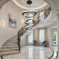 Modern Chandelier Built for High Ceilings, 5 Ring Design, Dimmable Black Finish, Stainless Steel Crystal