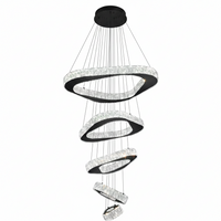 Modern Chandelier Built for High Ceilings, 5 Ring Design, Dimmable Black Finish, Stainless Steel Crystal