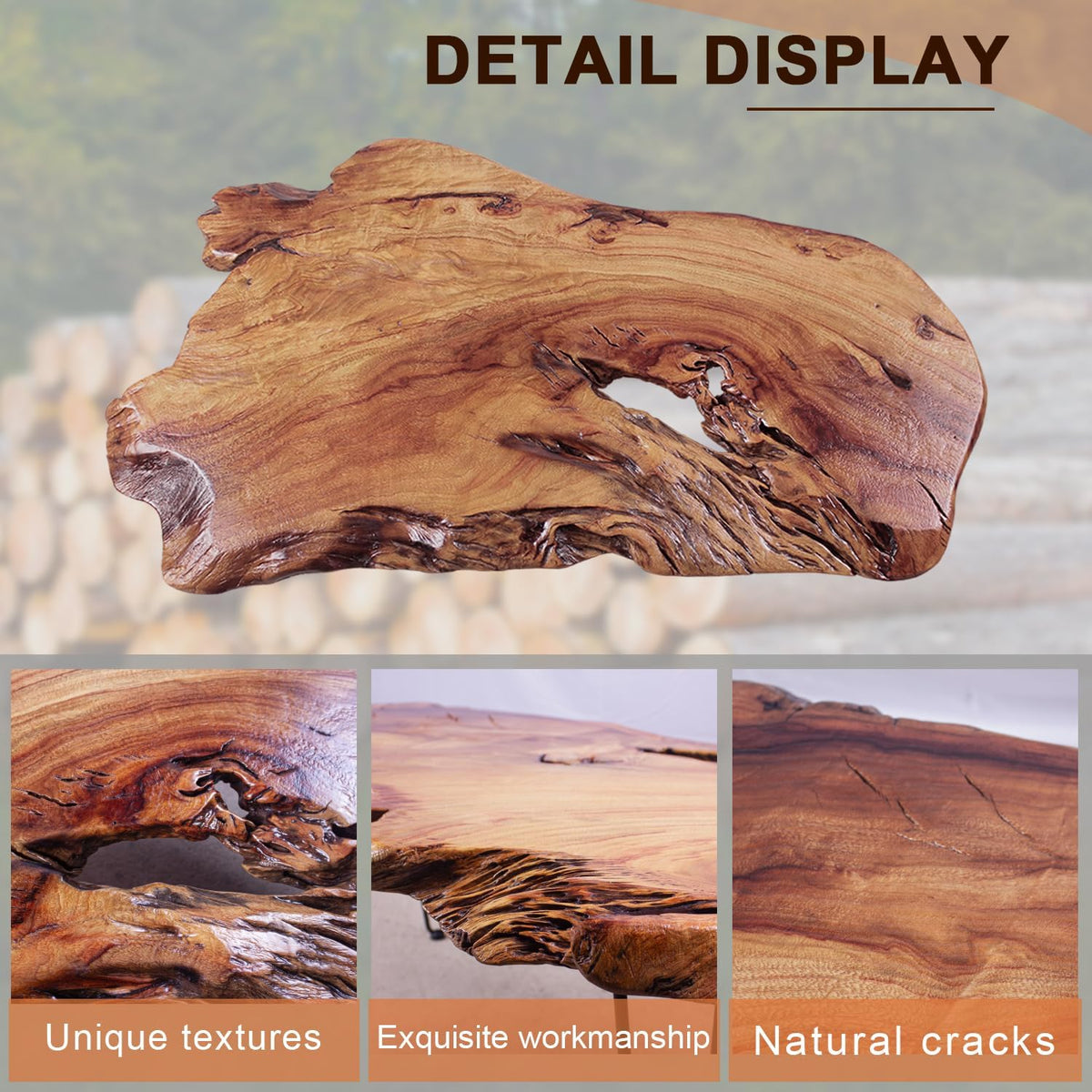 Natural Wood Coffee Table，Unique Live Edge Coffee Table for Living Room