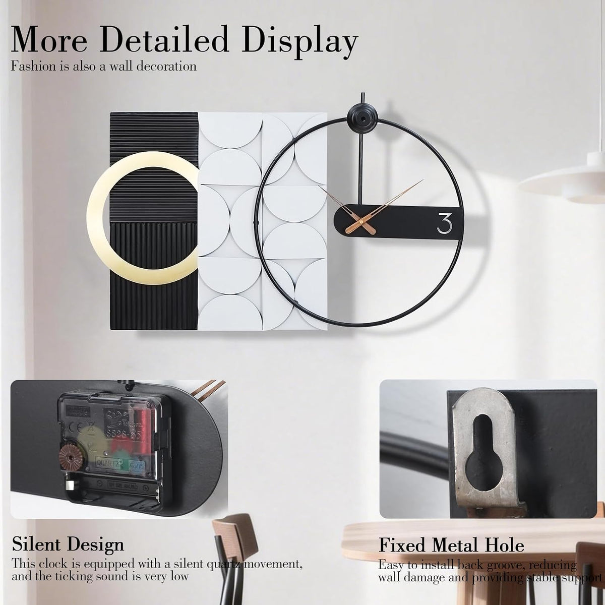 Modern Luxury Wall Clock, Gold Metal Ring Geometric Deconstruction Art, Black Grey Silent Non-Ticking for Living Room, Office, Entryway Decor, 17.7"X29.72"