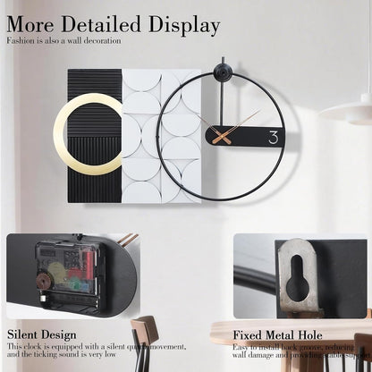 Modern Luxury Wall Clock, Gold Metal Ring Geometric Deconstruction Art, Black Grey Silent Non-Ticking for Living Room, Office, Entryway Decor, 17.7"X29.72"