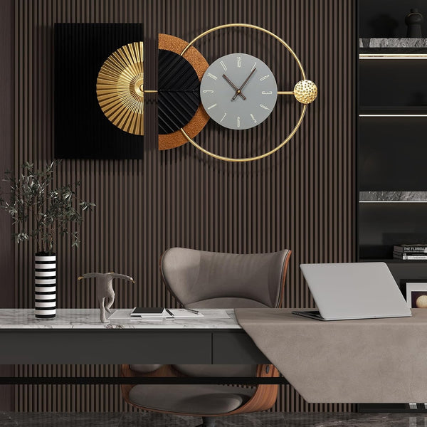 32"X16" Large Modern Silent Non-Ticking Wall Clocks for Living Room | Mid-Century Modern Abstract Asymmetrical Design,Metal Frame,Gray Dial,Gold Finish,Kitchen,Bedroom,Office Use,Battery Operated